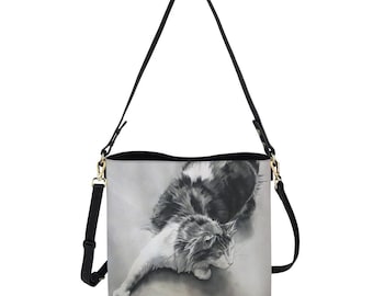 Cat Playing Crossbody Bag / Minimalist / Square Bucket Bag