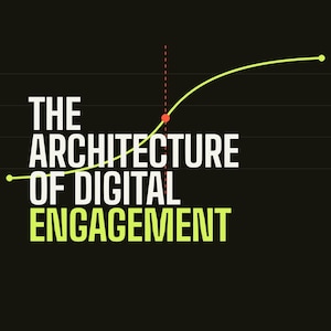 Puede incluir: Una portada de libro negra titulada The Architecture of Digital Engagement, Behavioural Design / Field Manual Vol. 01. Presenta un gráfico de línea curva de color verde claro, un punto rojo y texto en blanco y verde claro sobre fondo oscuro.