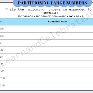 May include: A worksheet titled "Partitioning Large Numbers" with a blue header. It includes a table with columns for "Number" and "Expanded Form." The example shows how to expand the number 100,236,455.
