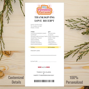 Recibos de amor personalizados para mejores amigos, hermanas, alguien especial / Etiqueta de regalo de tarjeta de Navidad de Acción de Gracias hecha a mano personalizada / Hermano BFF