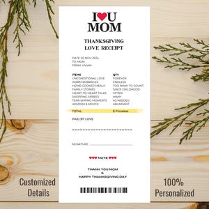 Recibos de amor personalizados para mamá, mamá, mami / Regalos personalizados hechos a mano para Acción de Gracias y Navidad / Etiqueta de regalo con forma de tarjeta de felicitación / Lindo, dulce y acogedor