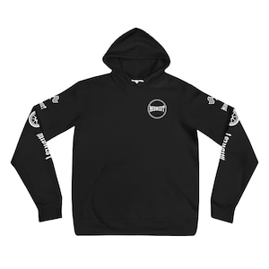 May include: A black hooded sweatshirt featuring a white circular logo on the chest with the text MIDWEST. Both sleeves display a white graphic print consisting of a checkered flag, a wheel icon, and the text MIDWEST running down the arm.