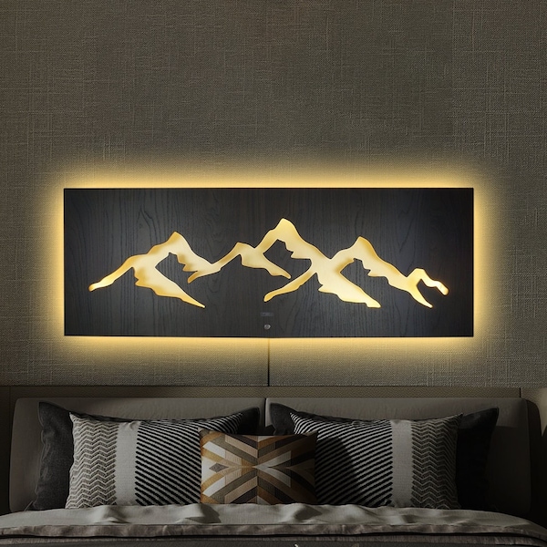 LED Wandbild Berglandschaft Bergkette mit 3D Lichteffekt in Holz- auf Alu-Optik  Leuchtbild rustikal 110x40cm moderne Wanddeko Boho Landhaus