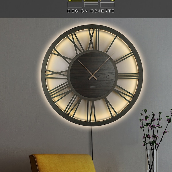 Grande horloge murale LED silencieuse Ø50cm et Ø70cm horloges murales en bois MDF éclairées vintage décoratives rétro 3D RGB rétro-éclairé application télécommande Bluetooth