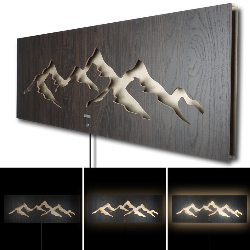 Led Wandbild LED Wandbild Berglandschaft Bergkette mit 3D Lichteffekt in Holz auf ...