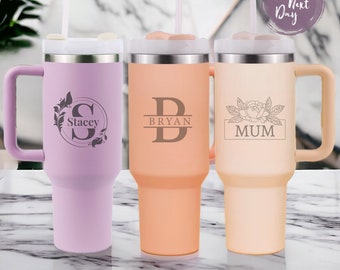 Personalized 40oz Tumbler with Handle & Straw, Laser Engraved  Stainless Steel Tumbler, Custom Name Flowers initial Tumbler, Christmas Gift