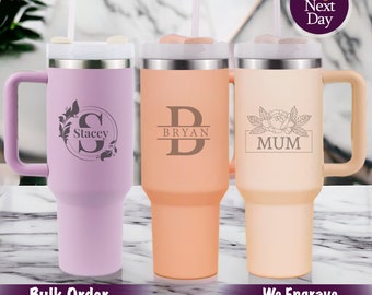 Personalized 40oz Tumbler with Handle & Straw, Laser Engraved  Stainless Steel Tumbler, Custom Name Flowers initial Tumbler, Christmas Gift