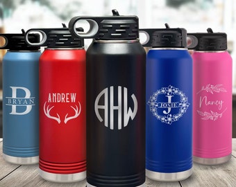 Personalized Laser Engraved Water Bottles, Custom Name 20oz 32oz 40oz Stainless Steel Water Bottle With Straw, Monogram Cup, Bulk Order