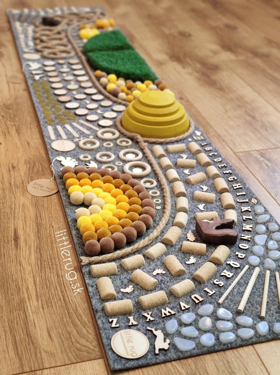 Sensory Rug Winding Path is a Sensory Path Best for Kids of All Ages, Also  for Adults. With Yellow Balance Cork Snail and Holztiger Toys. 