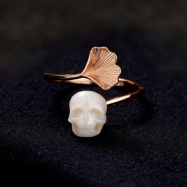 Halloween jewelry ring,Ginkgo&skull ring,goth ring,minimalist rings,goth engagement rings,sterling silver pearl skull,unique Halloween gift