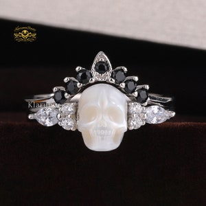 Gothic jewelry,engagement ring set witchy rings goth ring,pearl skull,black moissanite,925silver,gold-plate crown,stackable rings set