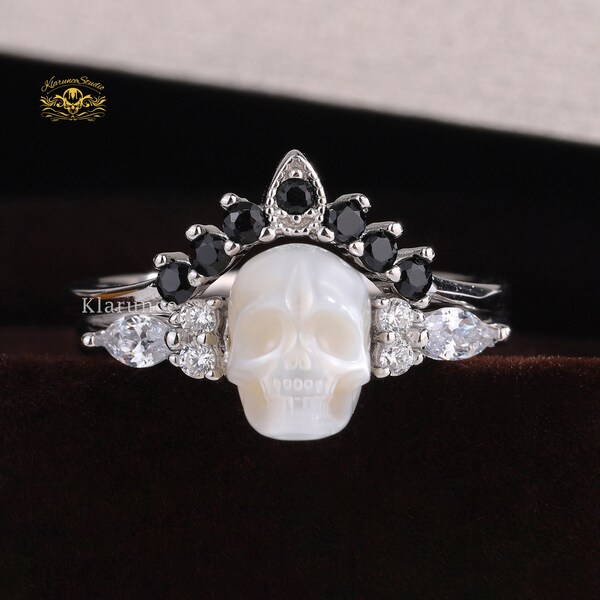 Ensemble de bijoux gothiques, bagues de fiançailles, bague gothique, tête de mort en perle, moissanite noire, argent 925, couronne plaquée or, ensemble de bagues superposables