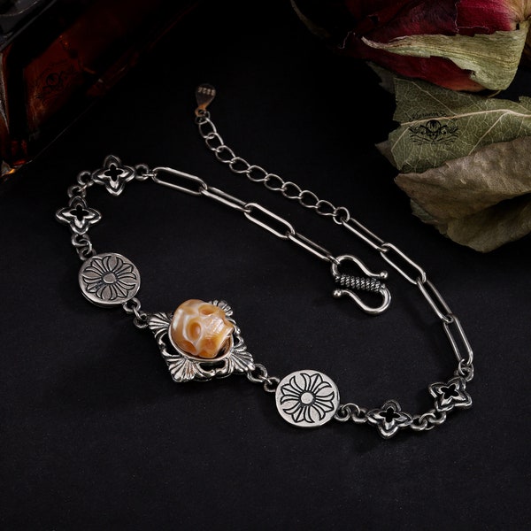 Bracelet tête de mort perle,bijoux gothique,bracelet sorcière argent sterling,bracelet réglable vintage,bracelet étoile,bijoux religieux,cadeau pour elle
