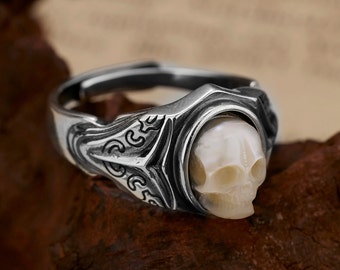 Bague gothique de crâne, crâne de perle S925 argent, bague goth vintage, bagues de déclaration jusqu'à la mort, bijoux gothiques, cadeau de Noël goth unique pour lui