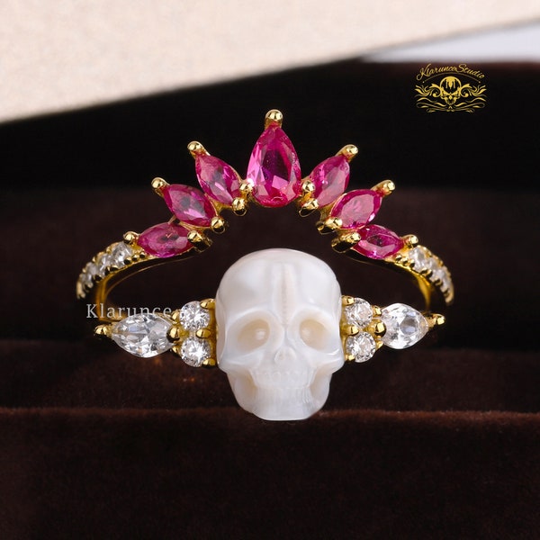 goth ring,Love Til Death,pearl skull,moissanite ruby,Gold Plated crown,s925 Silver,stackable rings set,gothic witchy jewelry,Christmas gift