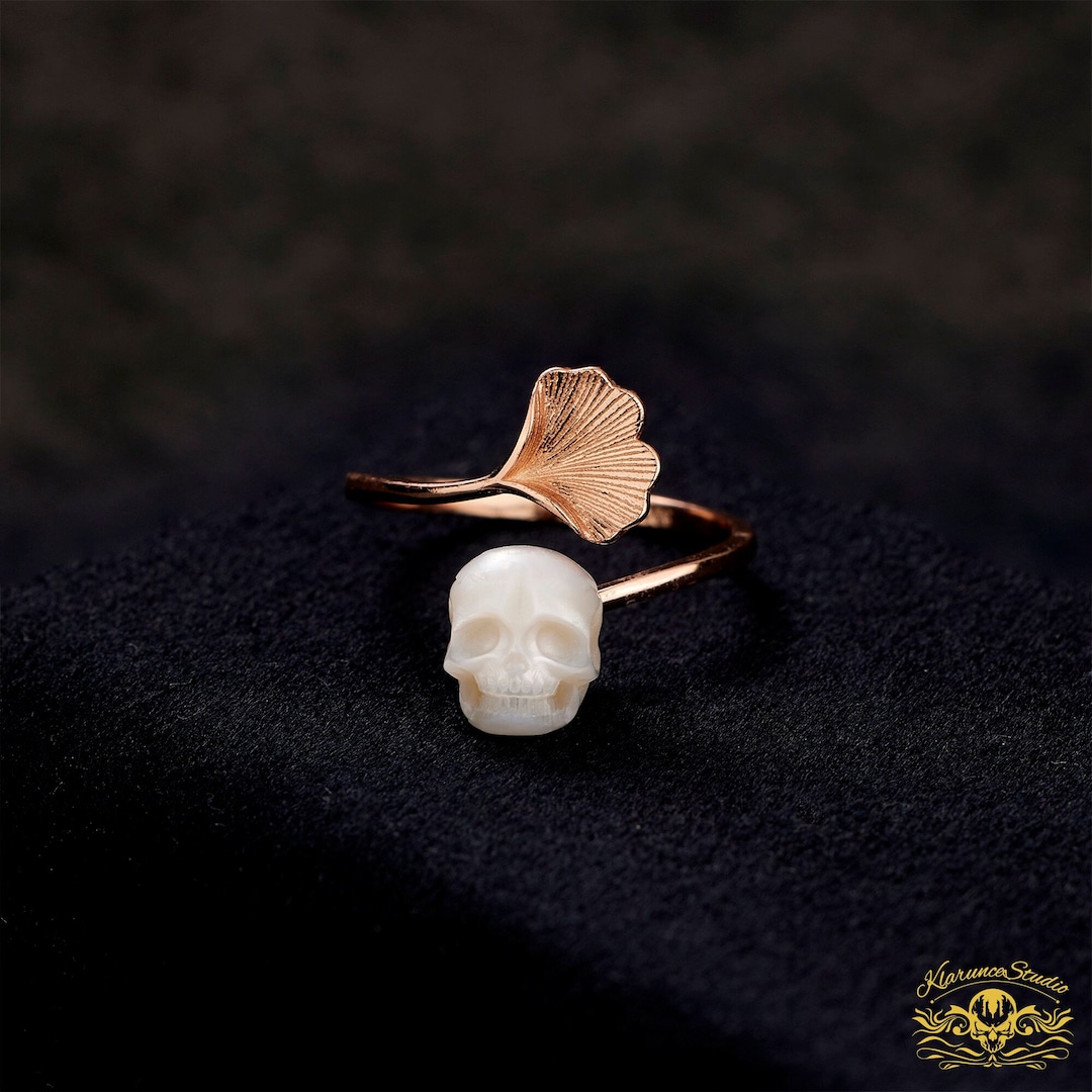 Gothic Pearl Rings Halloween Jewelry Ring,ginkgo&skull Ring,goth Ring,minimalist Rings ...