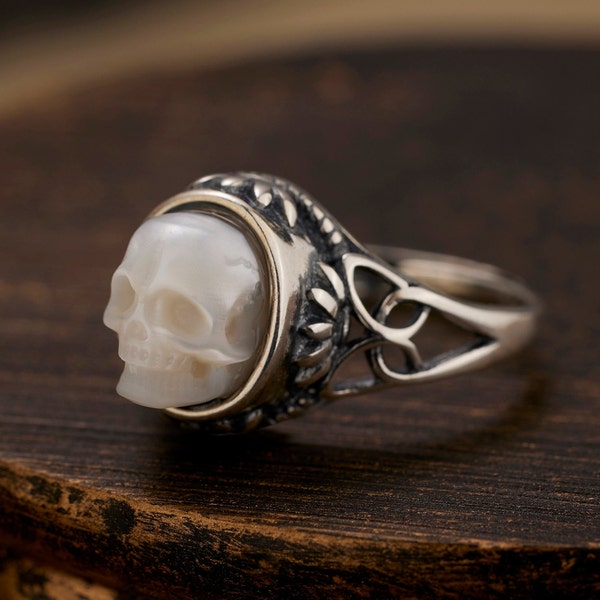 Lotus skull ring,goth ring,pearl engraved skull sterling silver,witchy jewelry,gothic ring,Goth Christmas gift,engagement ring,witch ring