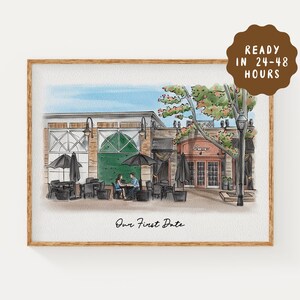 May include: Watercolor illustration of a restaurant scene with outdoor seating. The artwork features a couple at a table, black umbrellas, and the text "Our First Date." A brown circular sticker reads "Ready in 24-48 Hours."