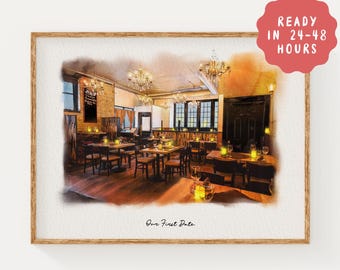 Custom First Date Location Portrait | Watercolor Couple Keepsake | Favorite Spot Memory Art | Father’s Day Unique Gift for Him