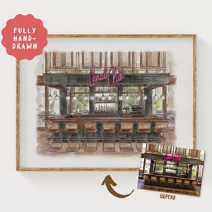 May include: Watercolor illustration of a bar interior with the text "Canal Club" in pink neon. The bar features a long counter with bar stools, a liquor display, and hanging lights. The image is framed in a wooden frame and includes a smaller "before" image.