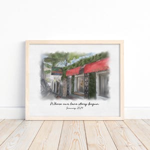 Gepersonaliseerde aquarel winkelillustratie, aangepaste zakelijke winkelfrontkunst, portret café-restaurant, schilderij commercieel gebouw