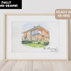 Minimalistische aquarelschets van je huis | Gepersonaliseerde digitaal huiskunstwerk. Aangepast attent housewarmingcadeau | Handgemaakt in 48 uur