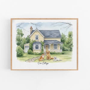 May include: Watercolor painting of a yellow house with a gray roof, a stone path, and green trees. Three pets, a cat, a golden retriever, and a white dog, are in the yard. The text "Our Cottage" is below the house.