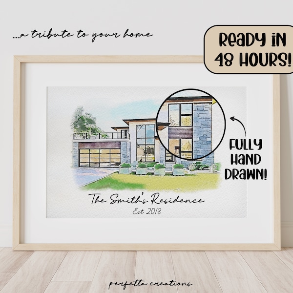 Minimalistische Aquarell Skizze Ihres Hauses | Personalisiertes Digitales Haus Kunstwerk. Benutzerdefiniertes durchdachtes Housewarming Geschenk | Handgefertigt in 48 Stunden