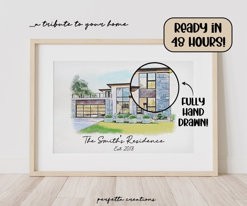 Minimalist Watercolour Sketch of Your Home Personalized Digital House Artwork. Custom Thoughtful Housewarming Gift Handmade in 48 Hours image 2