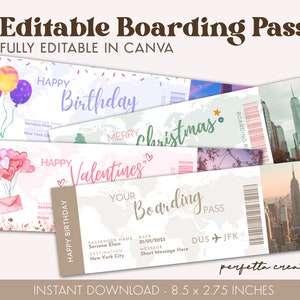 May include: Editable printable boarding pass templates for various occasions, including birthday, Valentine's Day, and Christmas. The templates feature a world map background and a colorful design. The text "Happy Birthday", "Happy Valentines", and "Merry Christmas" are included in the design. The templates are 8.5 x 2.75 inches.