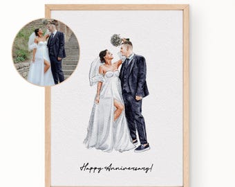 Pode incluir: Uma ilustração em aquarela de um casal em trajes de casamento. A mulher está usando um vestido branco com um véu longo e o homem está usando um terno preto. O casal está sorrindo e olhando um para o outro. O texto "Happy Anniversary!" está escrito abaixo do casal.