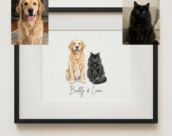 Custom Watercolor Pet Portrait, Hand Drawn Dog Cat Illustration (Digital File)