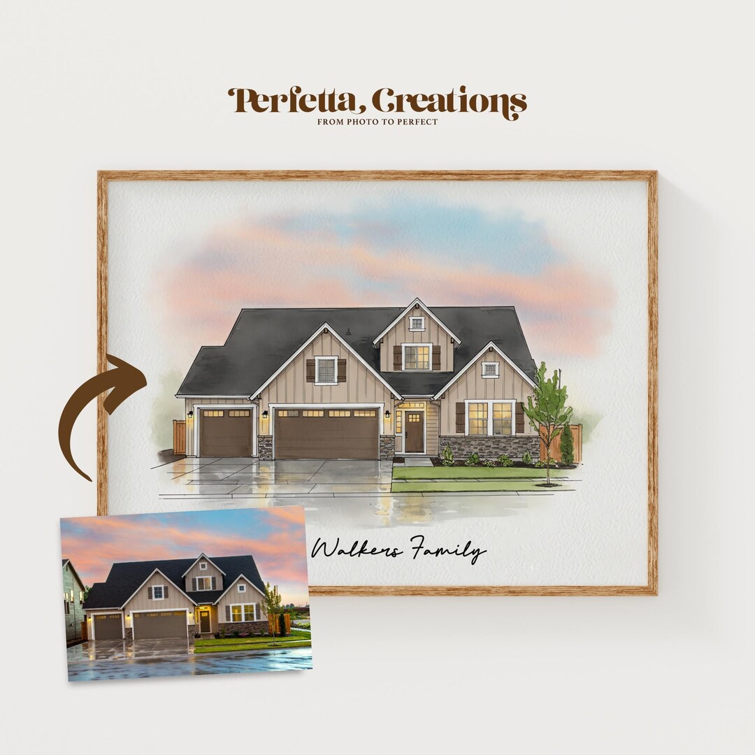 Custom Home Watercolor Painting | House Portrait With People | Hand ...