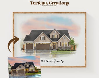 Custom Home Watercolor Painting | House Portrait with People | Hand-Painted New Home Gift | Holiday Keepsake | Realtor Thank You Art