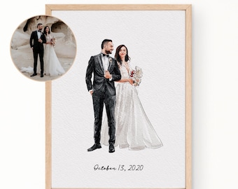 May include: A watercolor painting of a couple in wedding attire. The bride is wearing a white dress and the groom is wearing a black suit. The painting is set against a white background and includes the date "October 13, 2020".