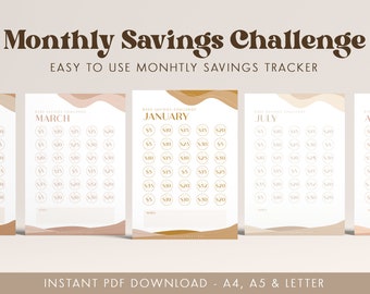 Monthly Savings Challenge Tracker | 12 Month Saver Tracker Template | Challenge Journal Bundle | A4, A5 & US LETTER | Digital and Printable