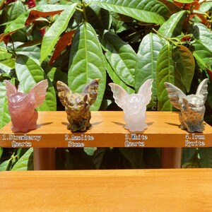 May include: Four carved gargoyle figurines made of different types of stone. The gargoyles are arranged in a row on a wooden shelf. From left to right, the gargoyles are made of strawberry quartz, azurite stone, white quartz, and iron pyrite.