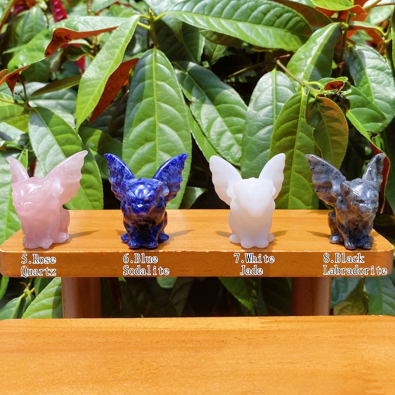 May include: Four small gargoyle figurines carved from different types of stone. The gargoyles are pink, blue, white, and black. The figurines are labelled with their corresponding stone types: Rose Quartz, Blue Sodalite, White Jade, and Black Labradorite.