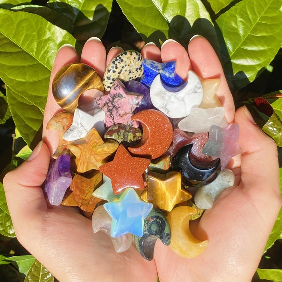 30Pcs Natural Crystal Gemstone Shapes – Star, Moon, Heart – Rose Quartz & Amethyst