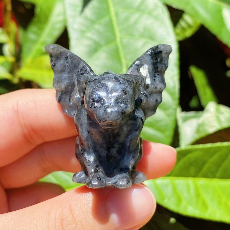 May include: A small, black and grey gargoyle figurine carved from labradorite crystal. The gargoyle has wings and is sitting on a hand.