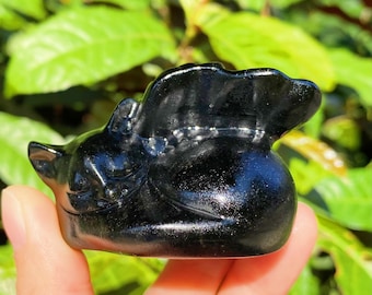 2inches, Natural Obsidian Cats, Sleeping Cats, Hand-Carved Cats, Crystal Animal Statues, Healing Crystals, Home Decor, Crystal Gifts.