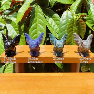 May include: Four small gargoyle figurines carved from different types of stone. The gargoyles are black obsidian, blue aventurine, moss agate, and flame stone.