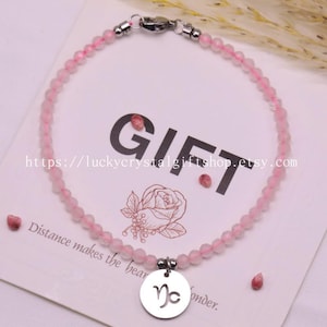 Natural Rose Quartz Zodiac Bracelet • Stainless Steel Constellation Healing Crystal Jewelry,Gift For Her