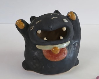Wow Black Lucky Cat (Small) O-199 Ceramic/Beckoning Cat/Lucky Cat