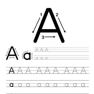 Könnte beinhalten: Schwarzweißes Arbeitsblatt zum Erlernen des Schreibens des Buchstabens A. Der Buchstabe A wird mit Pfeilen gezeigt, die die Strichfolge angeben. Es gibt mehrere Zeilen zum Üben des Schreibens des Buchstabens A in Groß- und Kleinschreibung.