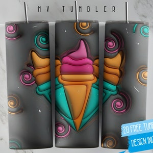 3D Ice Cream Tumbler Wrap, Design coloré de sublimation de crème glacée 3D 20 oz Skinny Tumbler, 3D Ice Cream Tumbler PNG