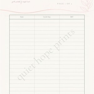 Op de afbeelding: Een wit BBT-trackingblad met een lichtroze koptekst met de tekst quiet hope print shop, gentle printables for hopeful hearts en BBT TRACKING PAGE 1 OF 2. Het formulier bevat kolommen voor Date, Cycle Day en BBT met horizontale lijnen.