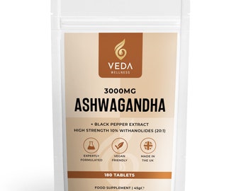 Pure Ashwagandha Extract 3000mg - 180 Vegan Tablets + Black Pepper. Made in UK. Maximum Bioavailability & Absorption. Vegan Friendly.