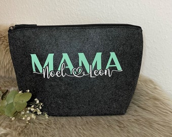 Kosmetiktasche, Schminktasche, Kulturtasche personalisiert mit Mama und Namen der Kinder, Geschenk für Muttertag