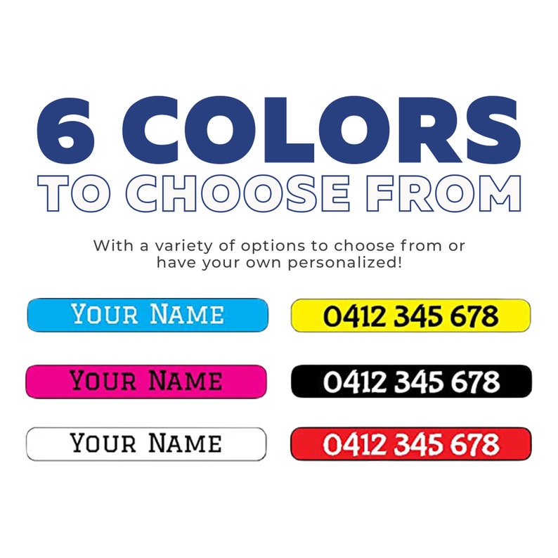 Puede incluir: Seis opciones de color para etiquetas personalizadas. Elija entre azul, amarillo, rosa, negro, blanco o rojo. Las etiquetas incluyen el texto "YOUR NAME" y un n&uacute;mero de tel&eacute;fono.